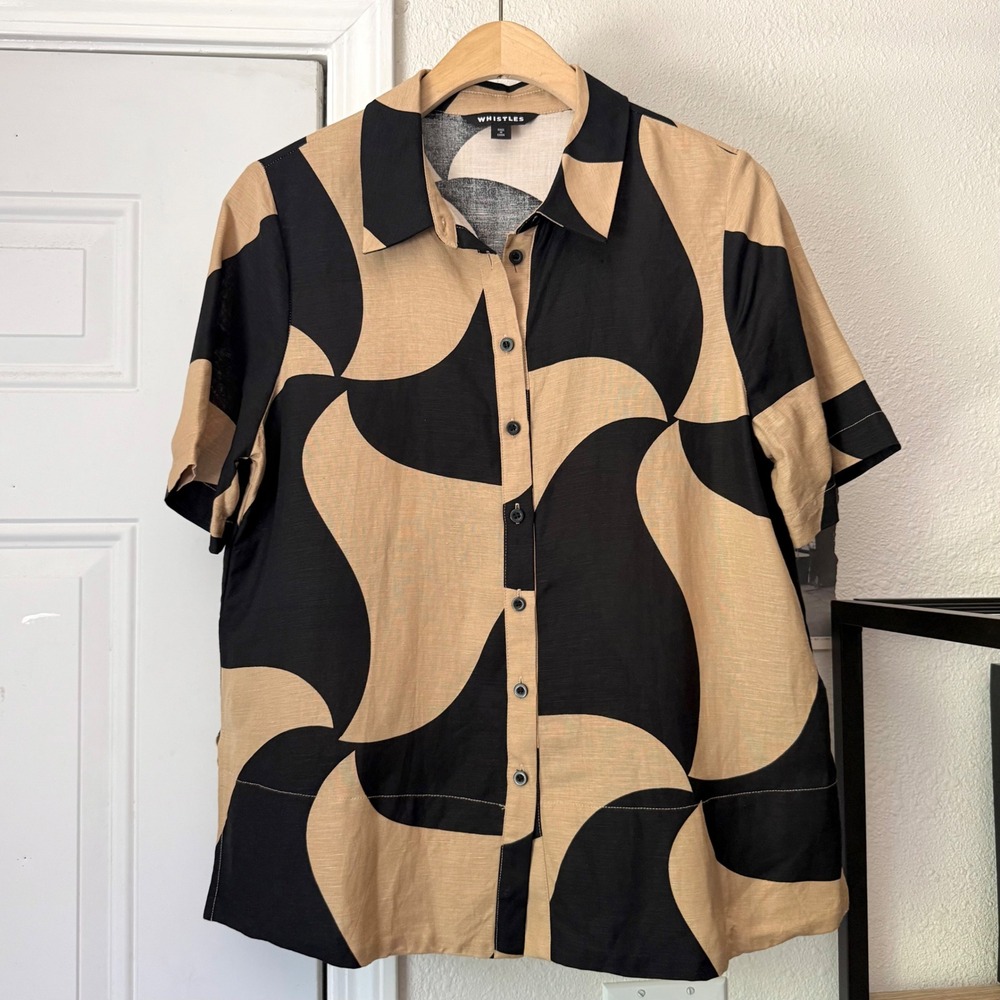 WHISTLES tan black linen blend printed short sleeve button up shirt